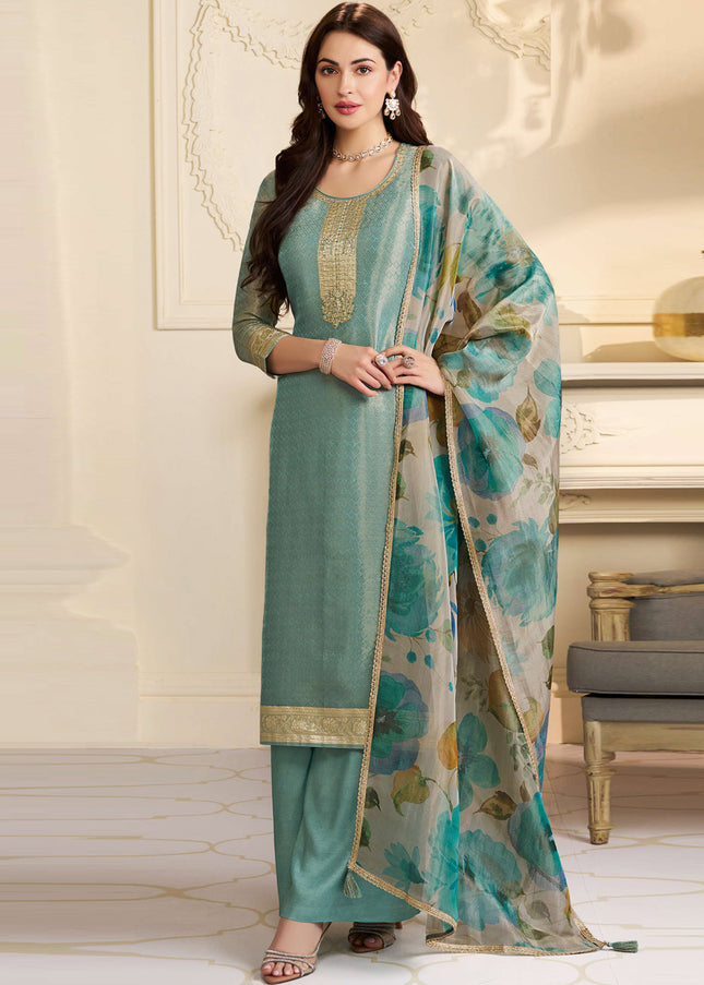Sea Green Printed and Embroidered Pant Suit