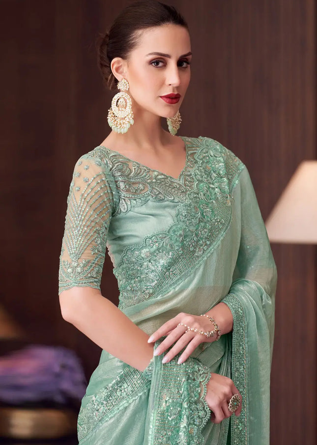 Sea Green Embroidered Saree