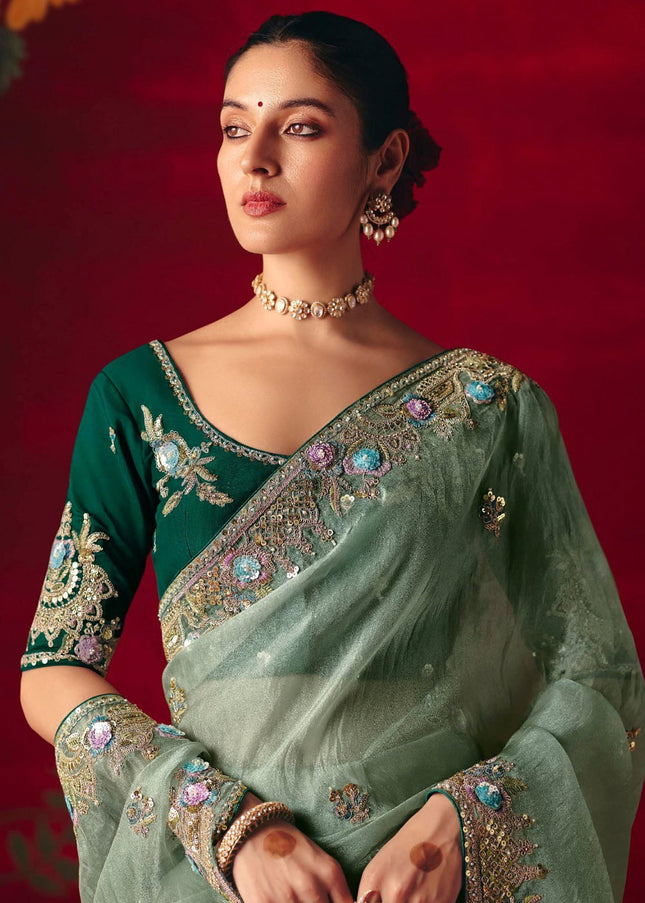 Sea Green Embroidered Festive Saree
