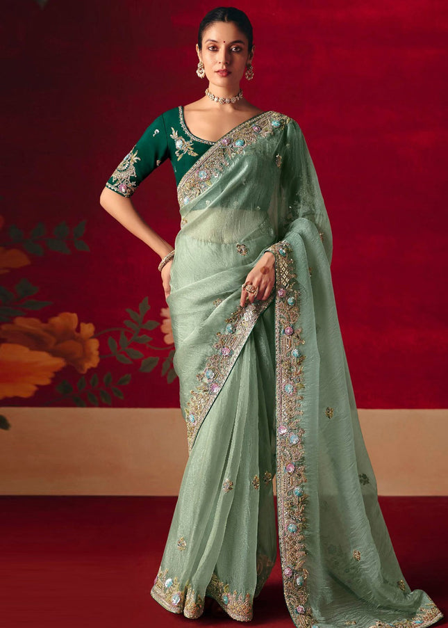 Sea Green Embroidered Festive Saree