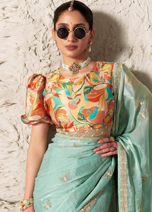 Sea Green Printed and Embroidered Festive Saree