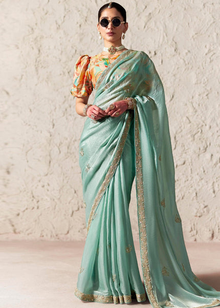 Sea Green Printed and Embroidered Festive Saree