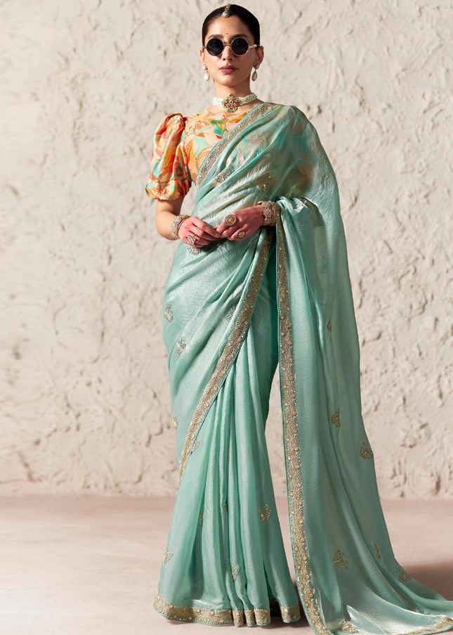 Sea Green Printed and Embroidered Festive Saree