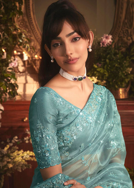 Sky Blue Embroidered Festive Saree
