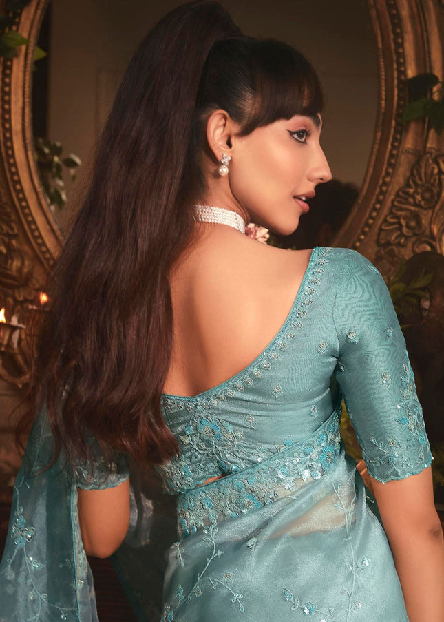 Sky Blue Embroidered Festive Saree