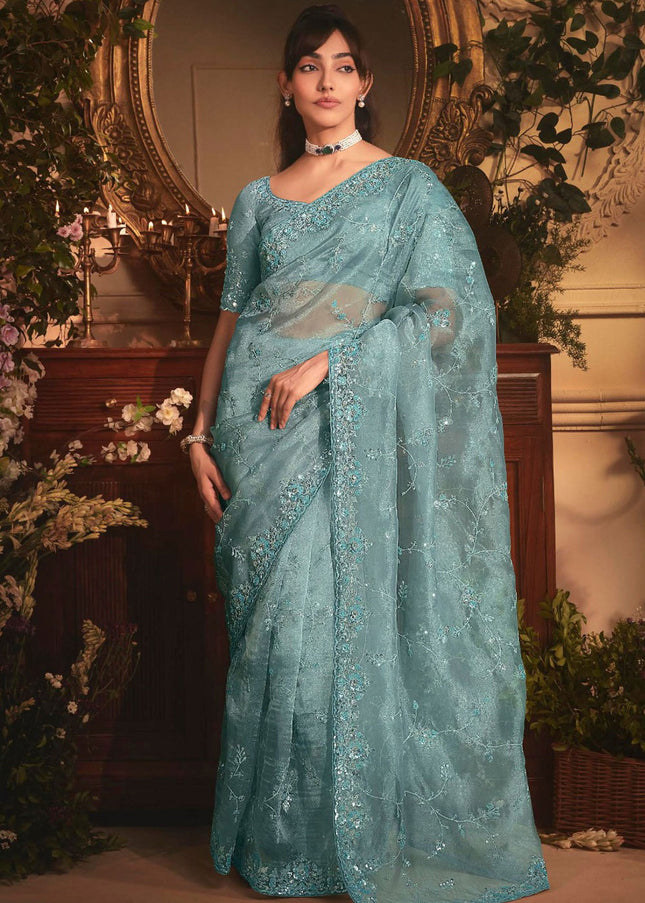 Sky Blue Embroidered Festive Saree