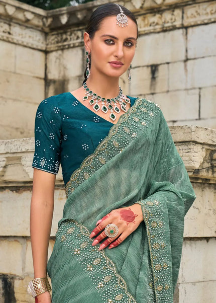 Sea Green and Blue Embroidered Crush Tissue Saree