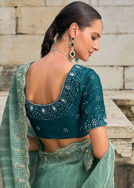 Sea Green and Blue Embroidered Crush Tissue Saree