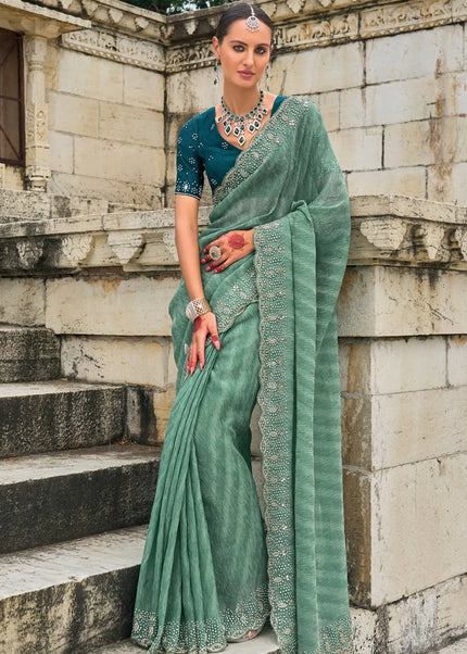 Sea Green and Blue Embroidered Crush Tissue Saree