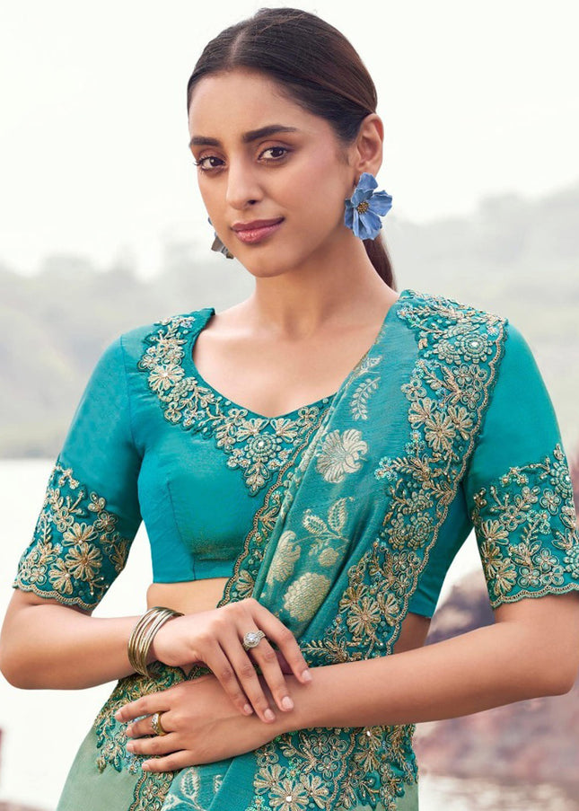 Teal and Sea Green Embroidered Wedding Saree