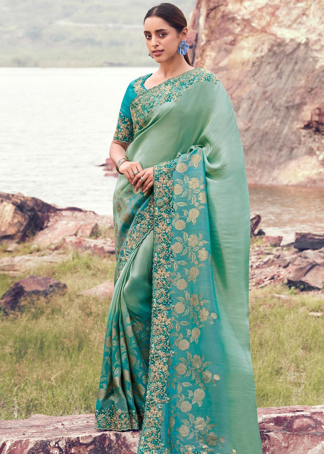 Teal and Sea Green Embroidered Wedding Saree