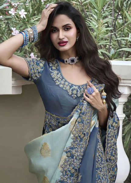 Blue Embroidered Wedding Saree