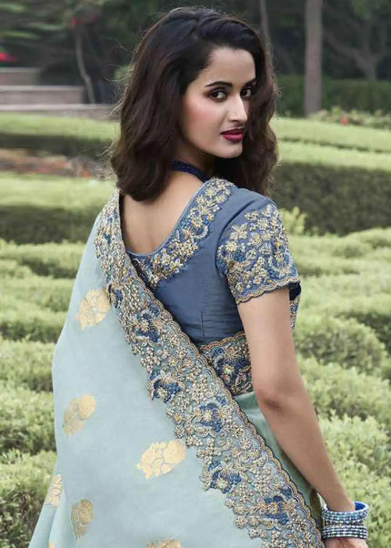 Blue Embroidered Wedding Saree