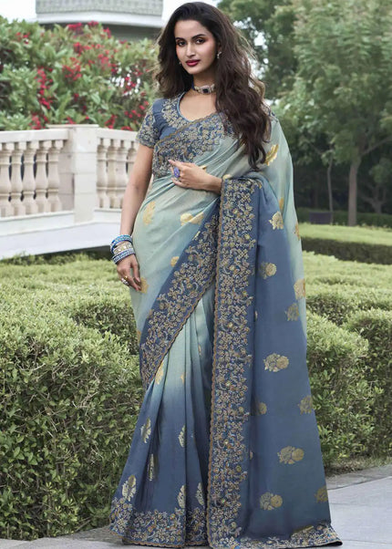 Blue Embroidered Wedding Saree