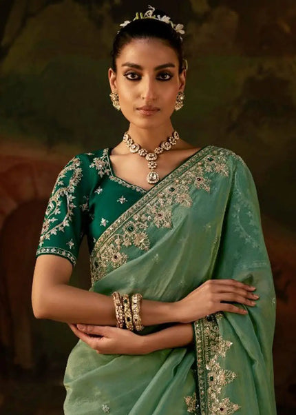 Green Embroidered Festive Saree