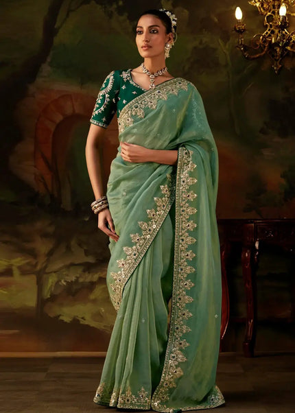 Green Embroidered Festive Saree