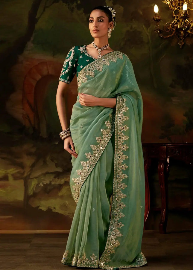 Green Embroidered Festive Saree
