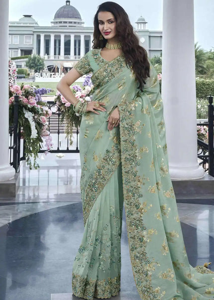 Sea Green Embroidered Wedding Saree