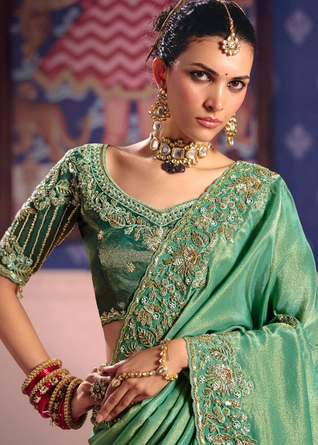 Sea Green Embroidered Wedding Saree