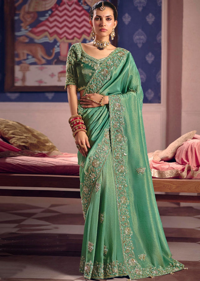 Sea Green Embroidered Wedding Saree