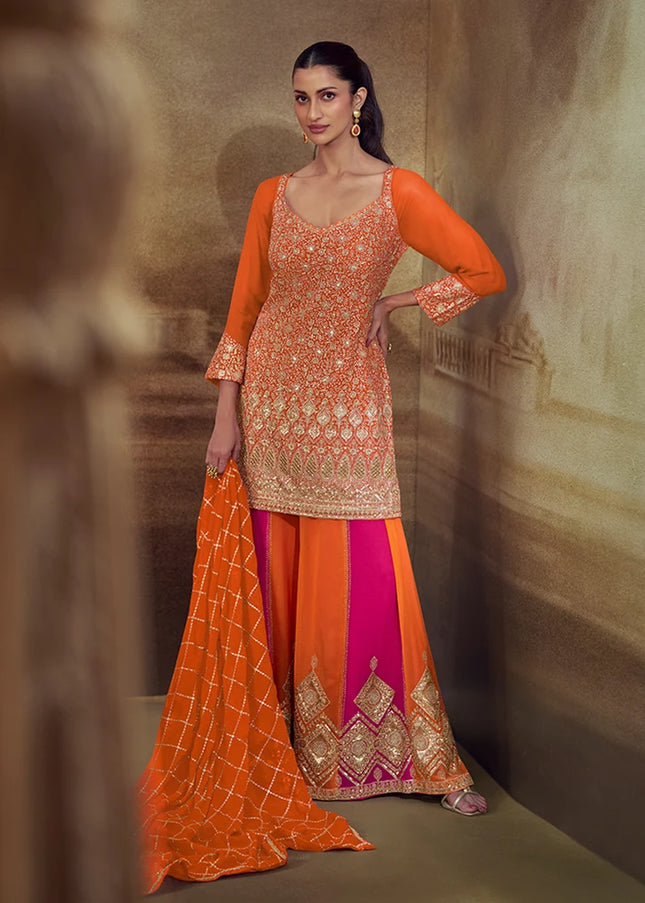 Orange Embroidered Sharara Suit