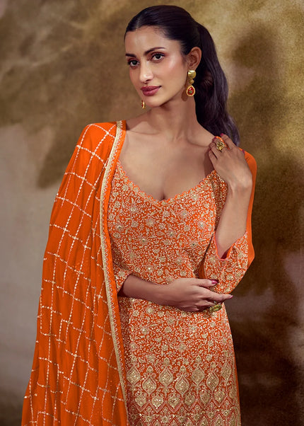 Orange Embroidered Sharara Suit