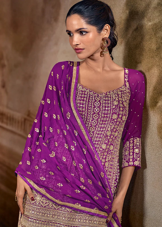 Purple Embroidered Sharara Suit