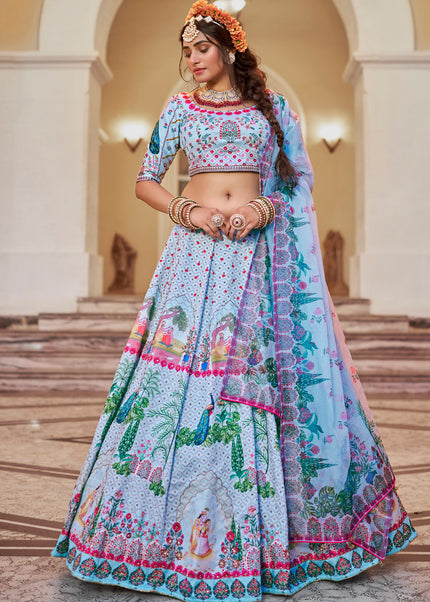 Sky Blue Embroidered Lehenga Choli