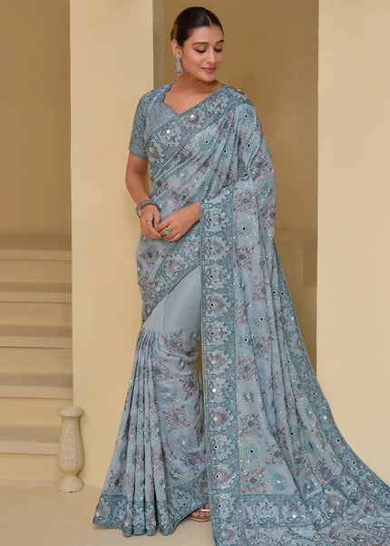 Blue Embroidered Banarasi Tuscany Saree