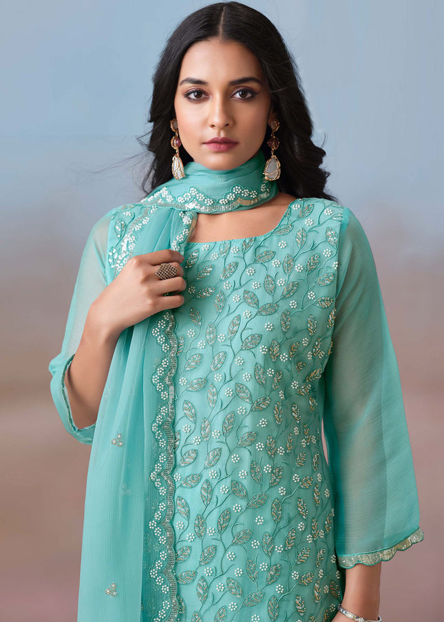 Sky Blue Yellow Embroidered Pant Suit
