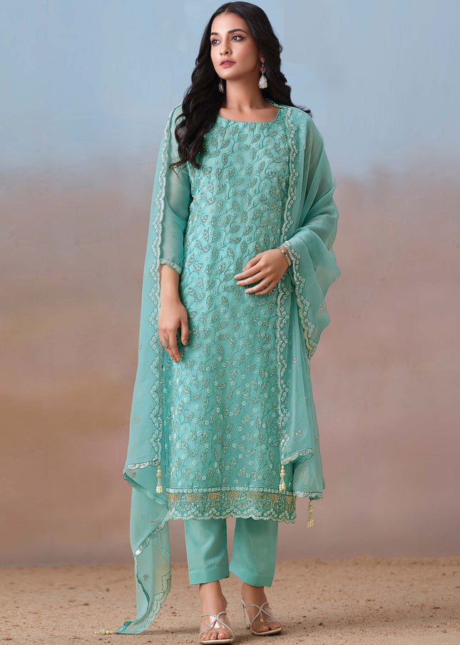 Sky Blue Yellow Embroidered Pant Suit