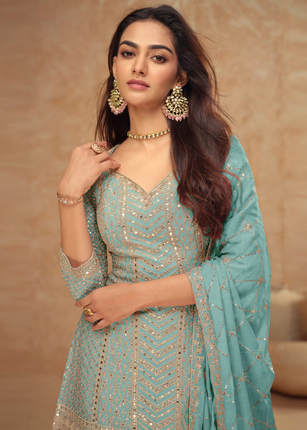 Sky Blue Embroidered Sharara Suit