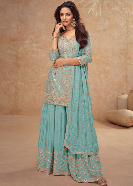 Sky Blue Embroidered Sharara Suit