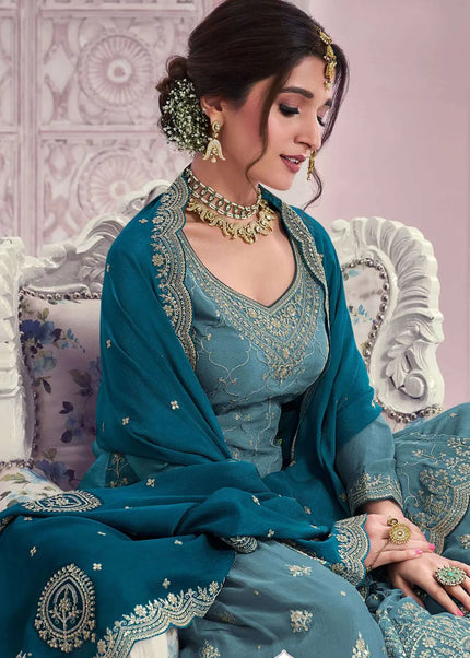Sky Blue Embroidered Palazzo Suit