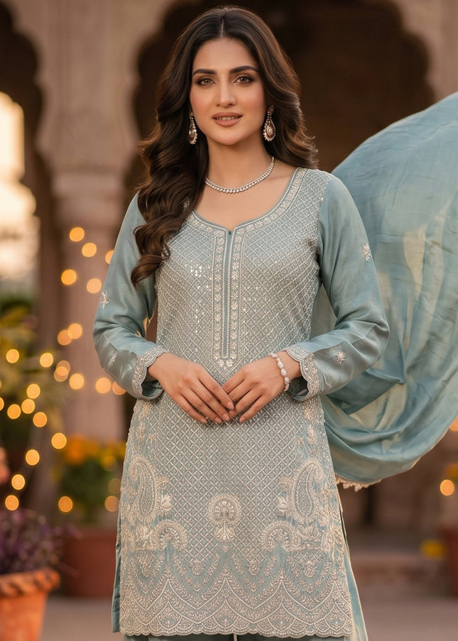 Sky Blue Embroidered Sharara Suit