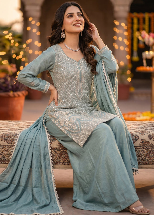 Sky Blue Embroidered Sharara Suit