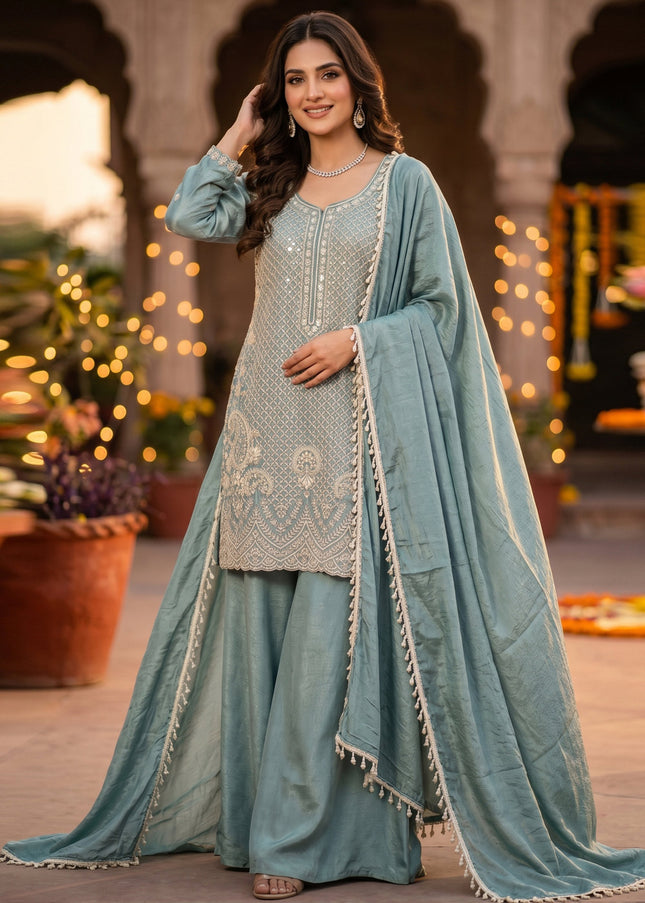 Sky Blue Embroidered Sharara Suit