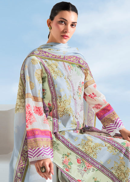Sky Blue Printed and Embroidered Pant Syle Suit