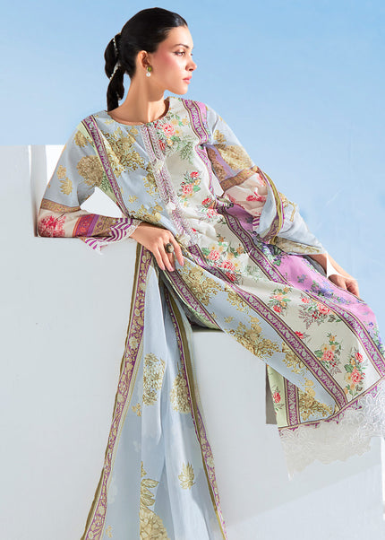 Sky Blue Printed and Embroidered Pant Syle Suit