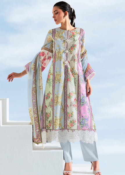 Sky Blue Printed and Embroidered Pant Syle Suit
