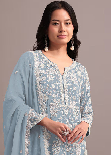 Sky Blue Embroidered Gharara Suit