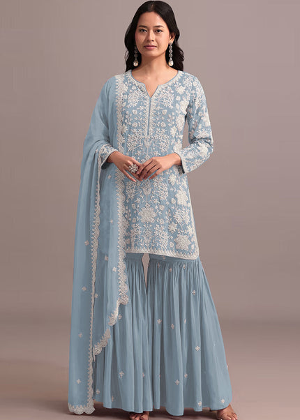 Sky Blue Embroidered Gharara Suit