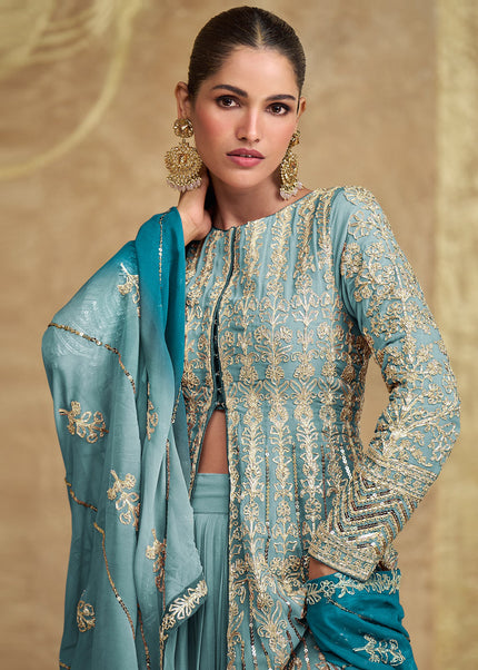 Sky Blue Shaded Embroidered Lehenga Anarkali