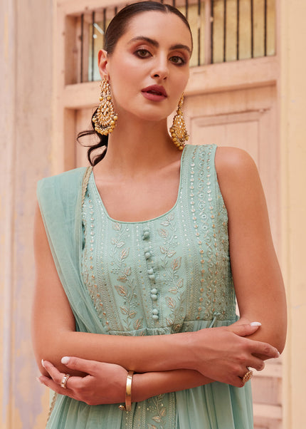 Sky Blue Embroidered Pant Style Anarkali