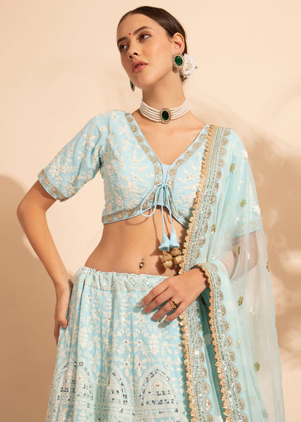 Sky Blue Embroidered Lehenga Choli