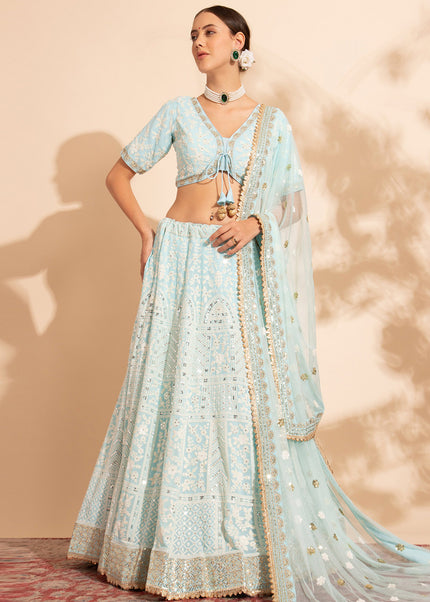 Sky Blue Embroidered Lehenga Choli