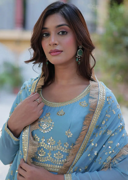 Sky Blue and Gold Embroidered Anarkali Gown