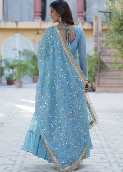 Sky Blue and Gold Embroidered Anarkali Gown