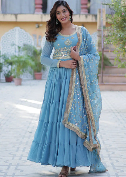 Sky Blue and Gold Embroidered Anarkali Gown