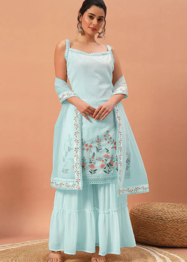 Skyblue Embroidered Gharara Suit